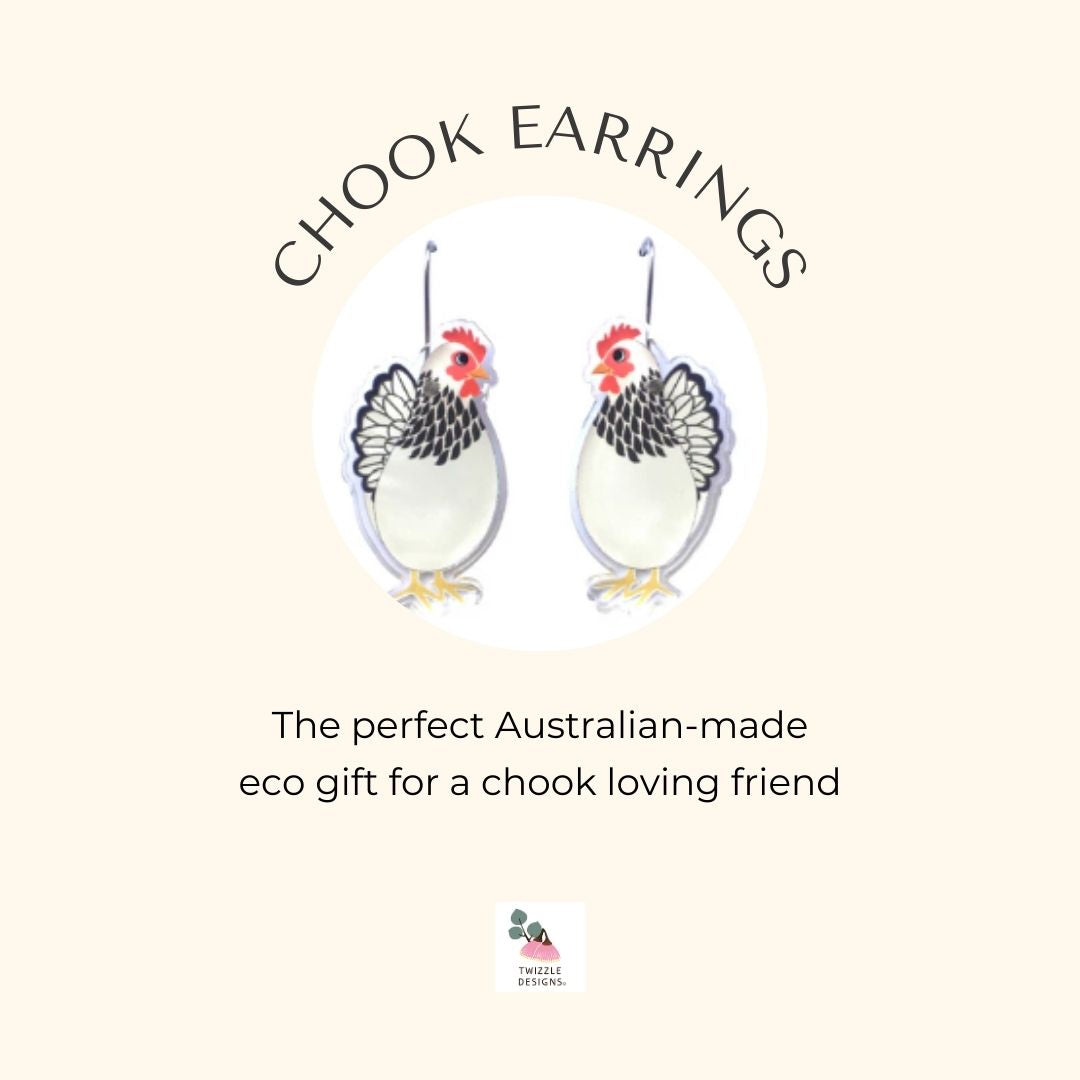 Chook earrings for chicken lovers. Suitable for sensitive ears. Unusual gift made in Australia.