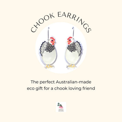 Chook earrings for chicken lovers. Suitable for sensitive ears. Unusual gift made in Australia.