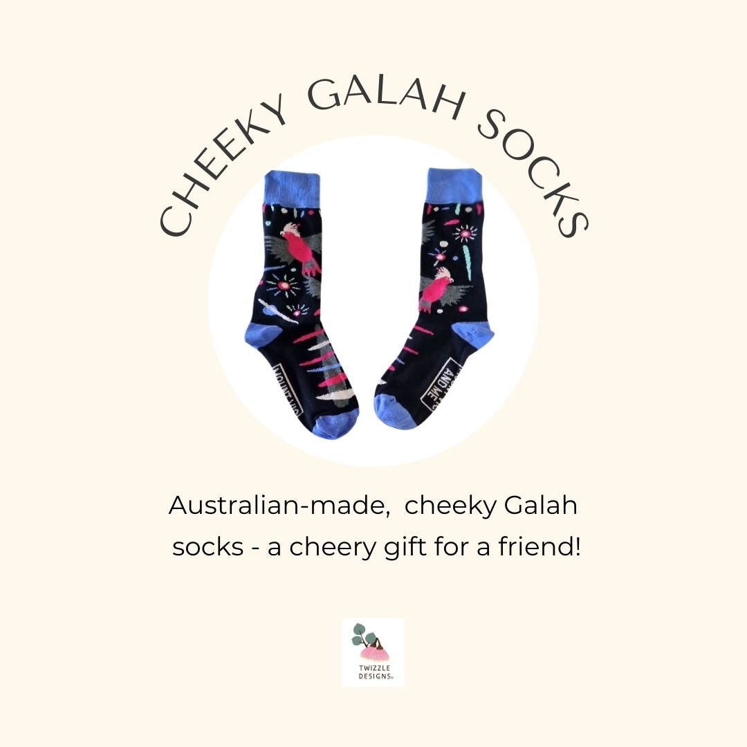 Pink and grey Galah socks - designed and made downunder in Australia.. Unqiue gift for hard to buy for friends.  Fun and unuusal gift.