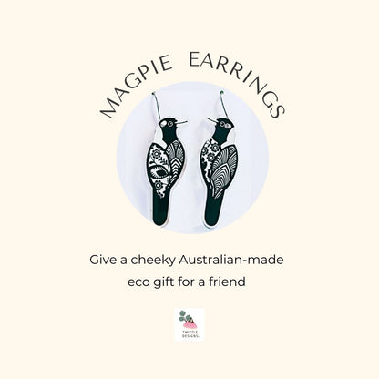 Magpie earrings for magpie lovers. Australian bird earrings. Perfect for sensitive ears. Sustainable upcycled earrings.